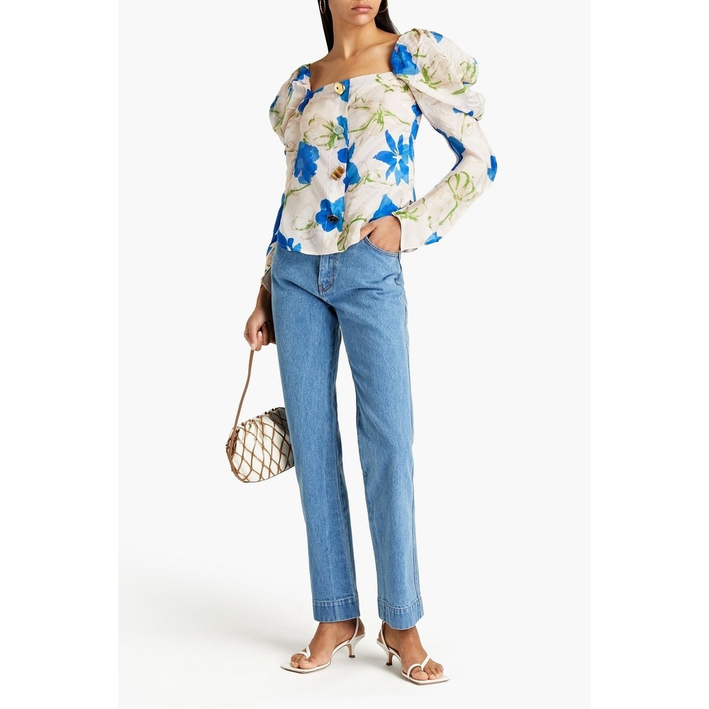 NWT Rejina Pyo Maya Blouse Womens L Blue Floral Puff Sleeve Maximalist Artsy‎